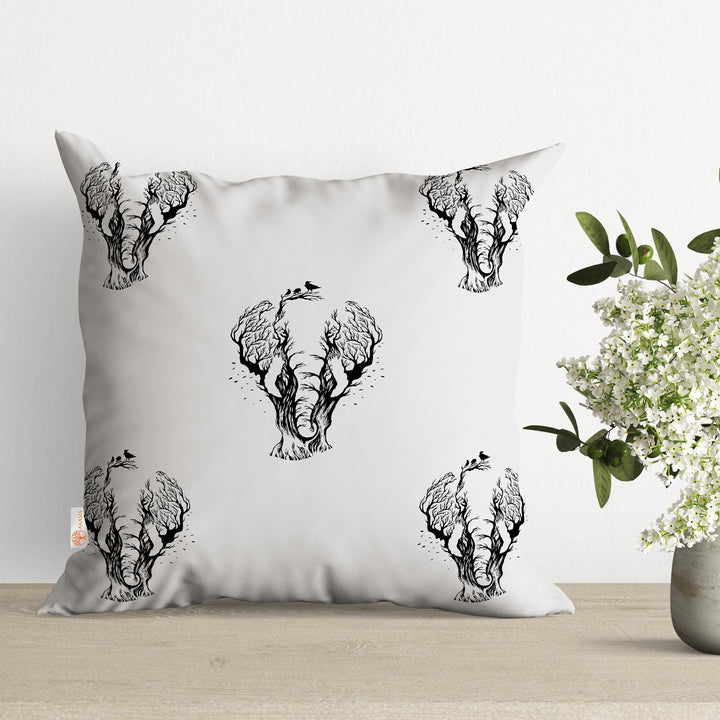 Elephant Pillow Cover|Elephant with Tree and Birds Cushion Case|Minimalist Pillowtop|Boho Bedding Decor|Cozy Pillowcase|Outdoor Cushion Case