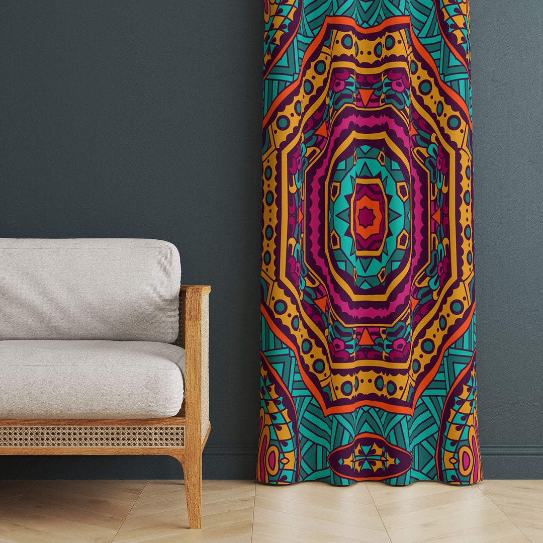 Ethnic Print Curtain|Thermal Insulated Terracotta Panel Window Curtain|Rug Design Living Room Curtain|Geometric Authentic Window Decor