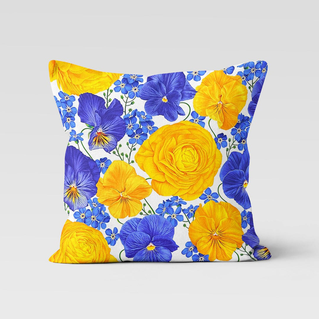 Yellow Blue Floral Pillow Cover|Rose Print Cushion Case|Decorative Throw Pillowcase|Summer Home Decor|Housewarming Cushion|Porch Pillow Top