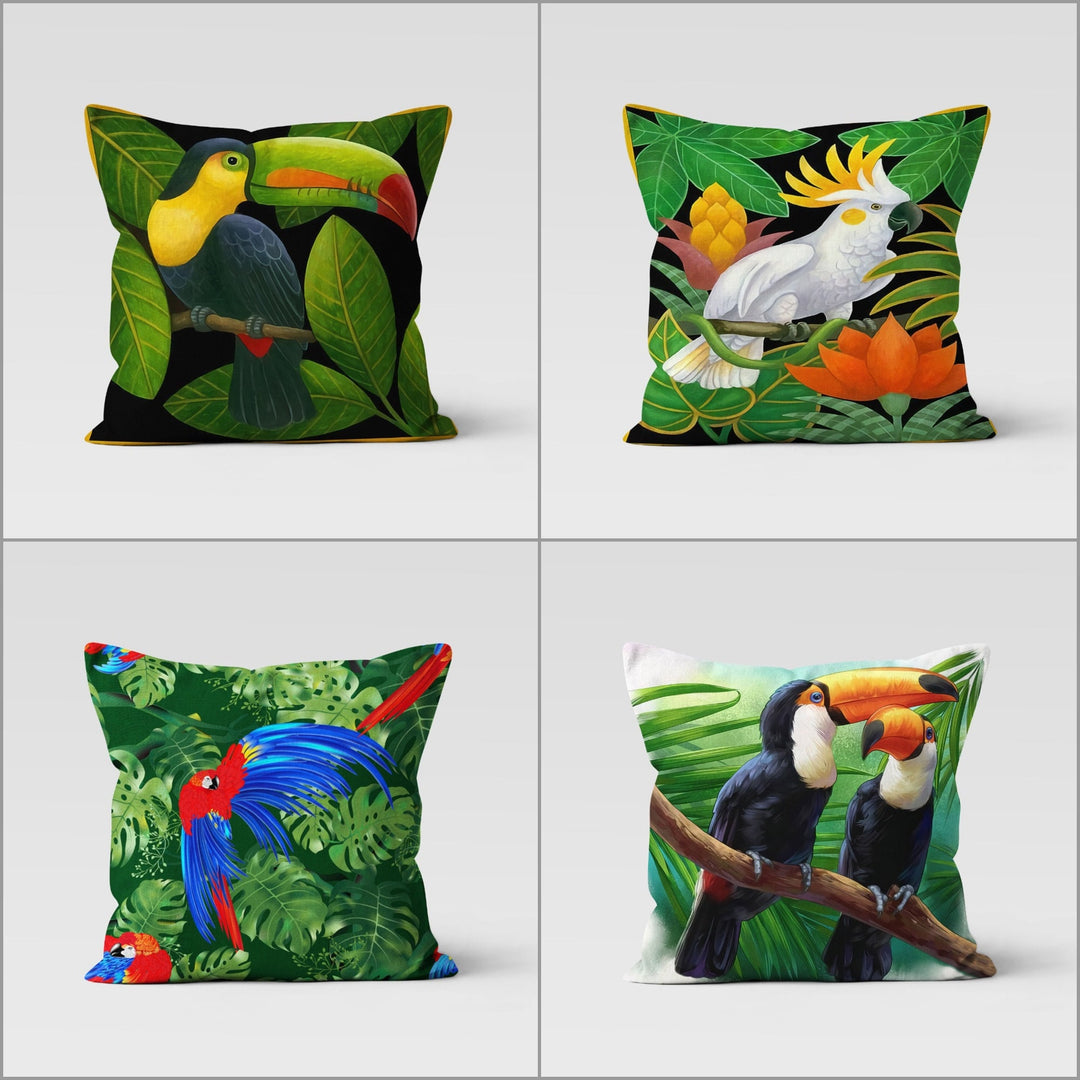 Toucan Pillow Cover|Parrot Print Tropical Throw Pillow Case|Green Leaf Decorative Pillowtop|Housewarming Cushion Case|Plant Pillowcase