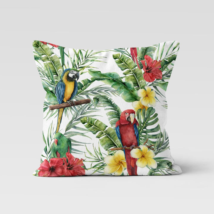 Parrot Pillow Cover|Bird Print Tropical Throw Pillow Case|Colorful Decorative Pillowtop|Housewarming Green Leaf Cushion|Porch Pillowcase