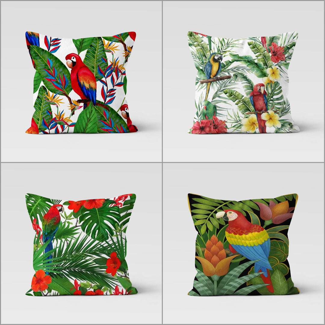 Parrot Pillow Cover|Bird Print Tropical Throw Pillow Case|Colorful Decorative Pillowtop|Housewarming Green Leaf Cushion|Porch Pillowcase