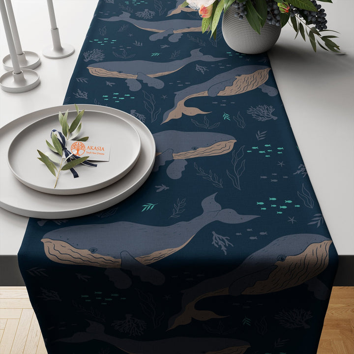 Nautical Table Runner|Mermaid Tablecloth|Coastal Tabletop|Whale Seagull Home Decor|Beach House Kitchen Decor Gift|Diver Print Table Runner