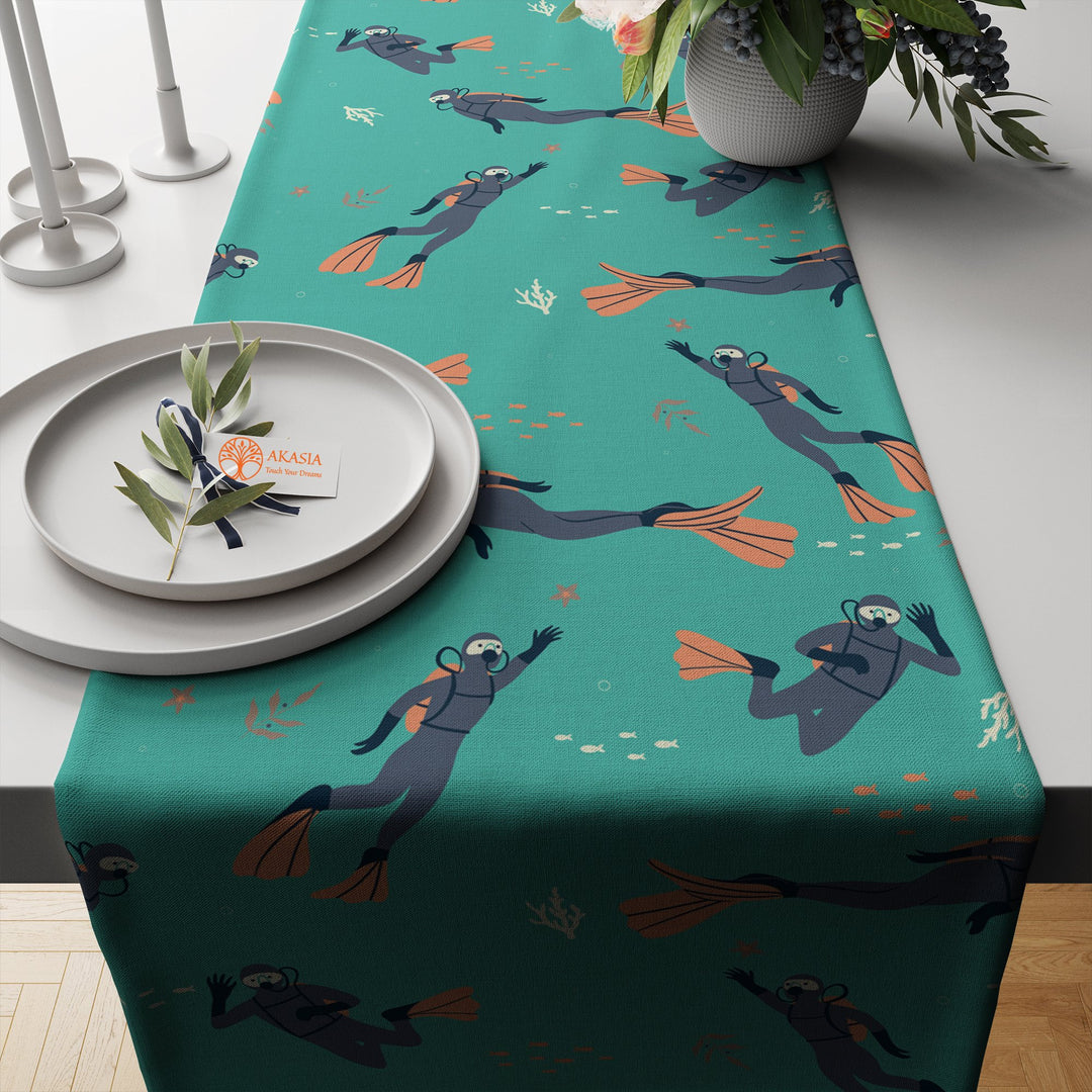 Nautical Table Runner|Mermaid Tablecloth|Coastal Tabletop|Whale Seagull Home Decor|Beach House Kitchen Decor Gift|Diver Print Table Runner