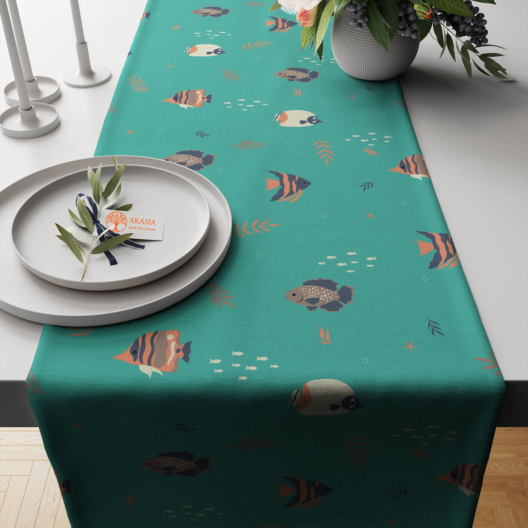 Nautical Table Runner|Oyster Jellyfish Tablecloth|Coastal Tabletop|Coral Home Decor|Beach House Kitchen Decor Gift|Fish Print Table Runner