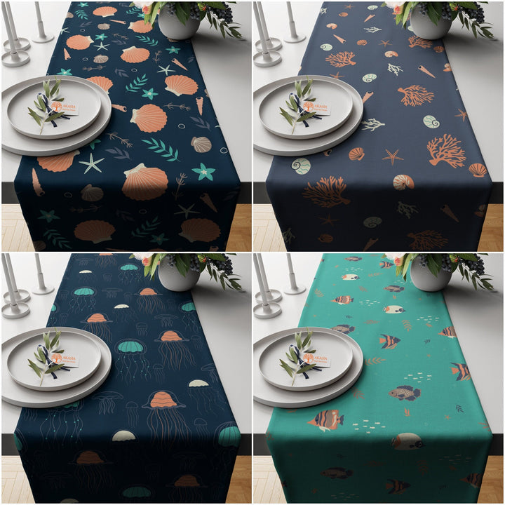 Nautical Table Runner|Oyster Jellyfish Tablecloth|Coastal Tabletop|Coral Home Decor|Beach House Kitchen Decor Gift|Fish Print Table Runner