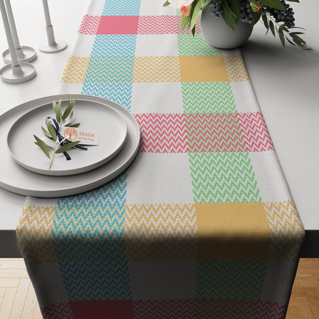 Plaid Table Runner|Geometric Tablecloth|Decorative Tabletop|Check Home Decor|Abstract Kitchen Decor Gift|Heart Print Table Centerpiece