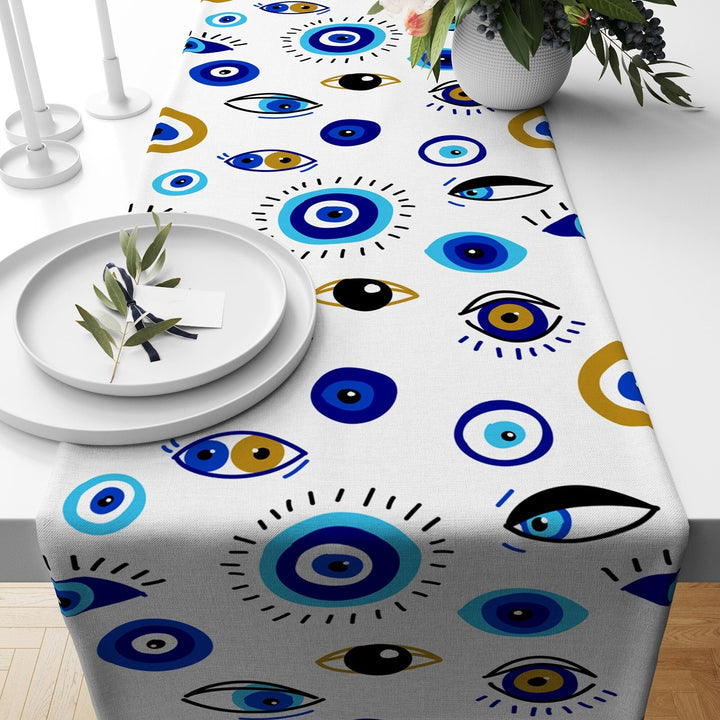 Evil Eye Table Runner|Hamsa Tablecloth|Turkish Greek Evil Eye Tabletop|Nazar Home Decor|Good Luck Kitchen Decor|Housewarming Table Runner