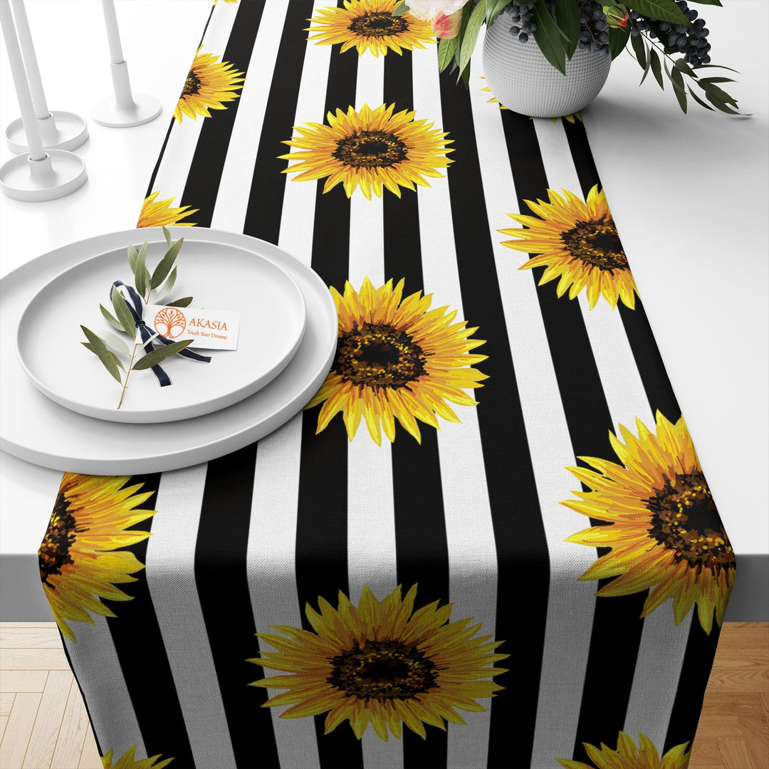 Sunflower Table Runner|Floral Tablecloth|Butterfly Tabletop|Summer Home Decor|Farmhouse Kitchen Decor Gift|Housewarming Striped Table Runner