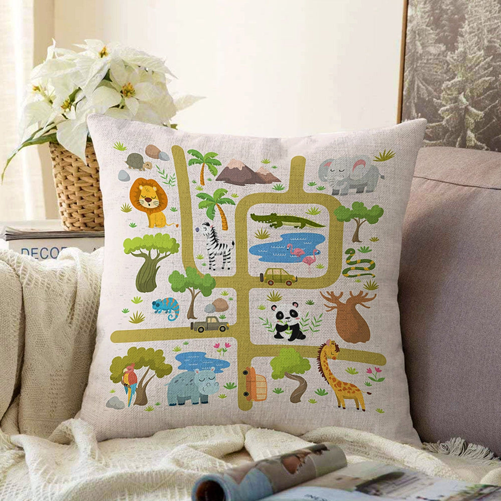 Kids Pillow Cover|Animal World Cushion Case|Educational Game Path Kids Room Pillow|Boho Bedding Decor|Decorative Pillowtop|Kid Cushion Case