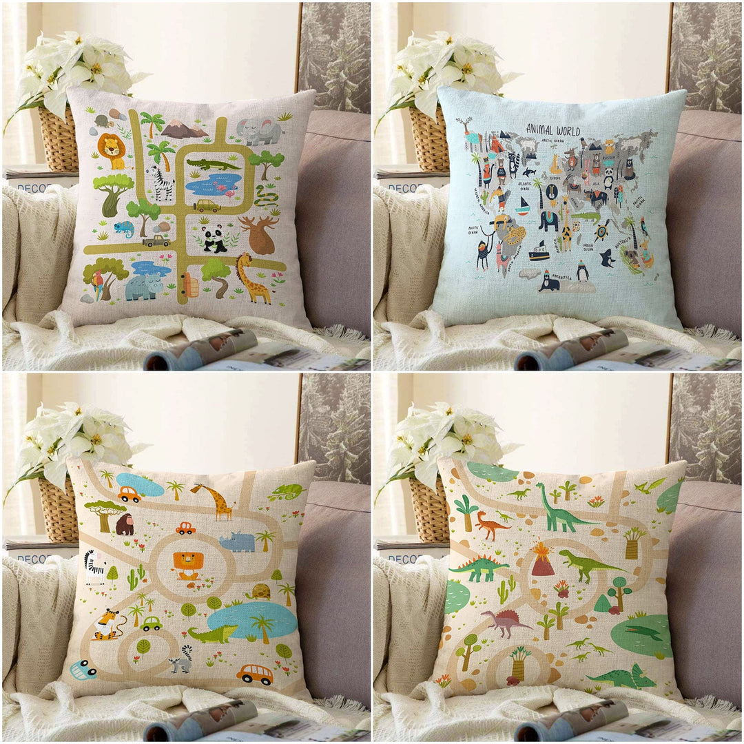 Kids Pillow Cover|Animal World Cushion Case|Educational Game Path Kids Room Pillow|Boho Bedding Decor|Decorative Pillowtop|Kid Cushion Case