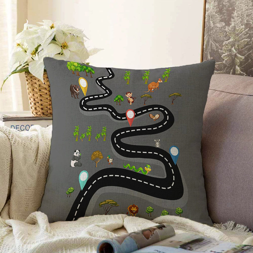 Kids Cushion Cover|Road Print Pillow Case|Educational Race Path Kids Room Pillow|Boho Bedding Decor|Decorative Animal Print Porch Pillowtop