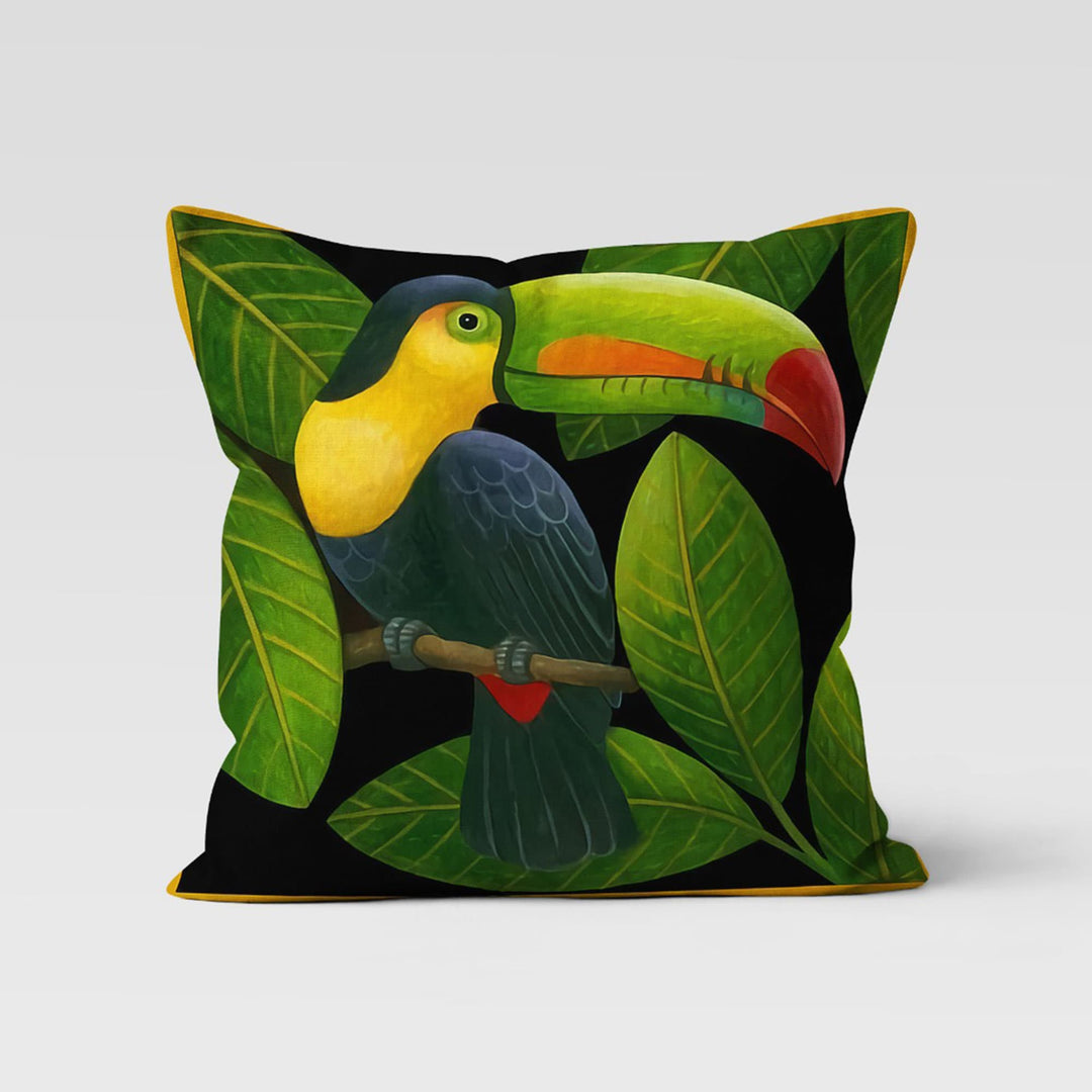 Toucan Pillow Cover|Parrot Print Tropical Throw Pillow Case|Green Leaf Decorative Pillowtop|Housewarming Cushion Case|Plant Pillowcase