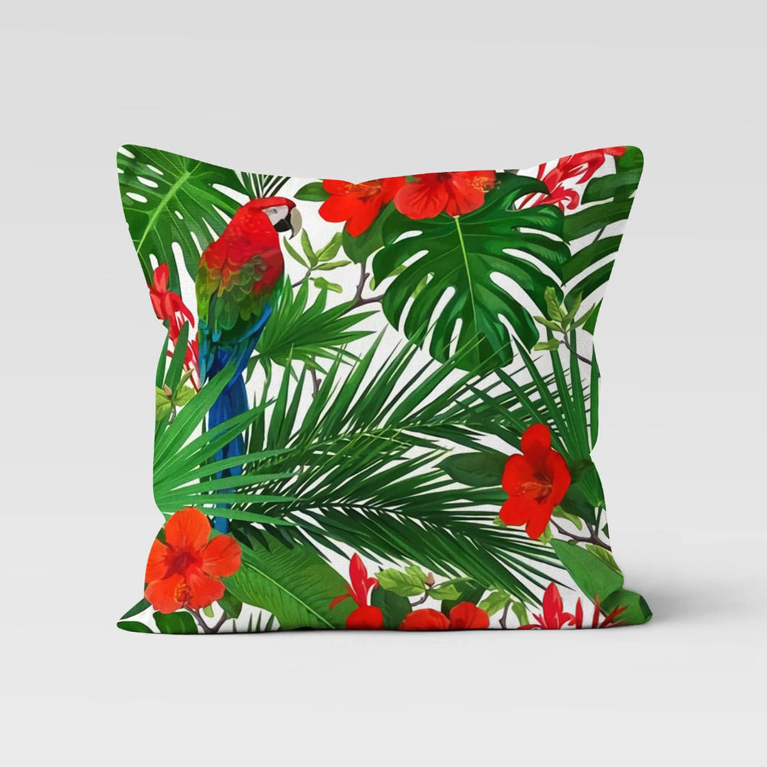 Parrot Pillow Cover|Bird Print Tropical Throw Pillow Case|Colorful Decorative Pillowtop|Housewarming Green Leaf Cushion|Porch Pillowcase