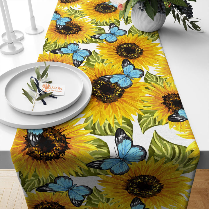 Sunflower Table Runner|Floral Tablecloth|Butterfly Tabletop|Summer Home Decor|Farmhouse Kitchen Decor Gift|Housewarming Striped Table Runner