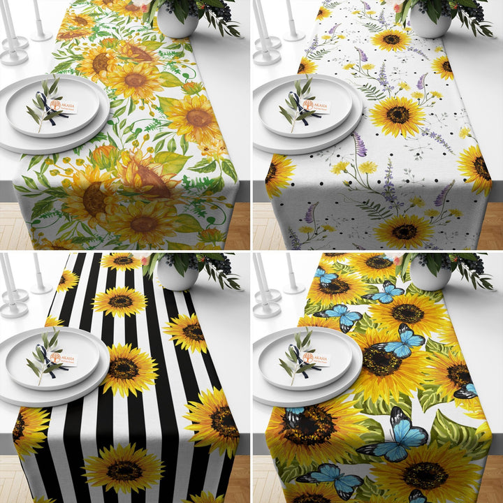 Sunflower Table Runner|Floral Tablecloth|Butterfly Tabletop|Summer Home Decor|Farmhouse Kitchen Decor Gift|Housewarming Striped Table Runner