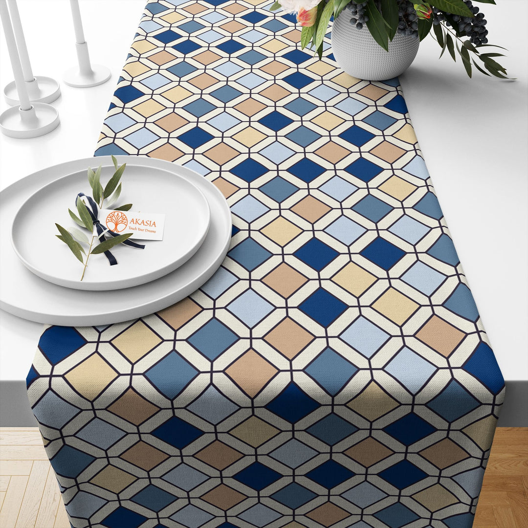 Geometric Table Runner|Square Pattern Table Top|Decorative Tabletop|Boho Home Decor|Farmhouse Kitchen Decor Gift|Modern Style Table Runner