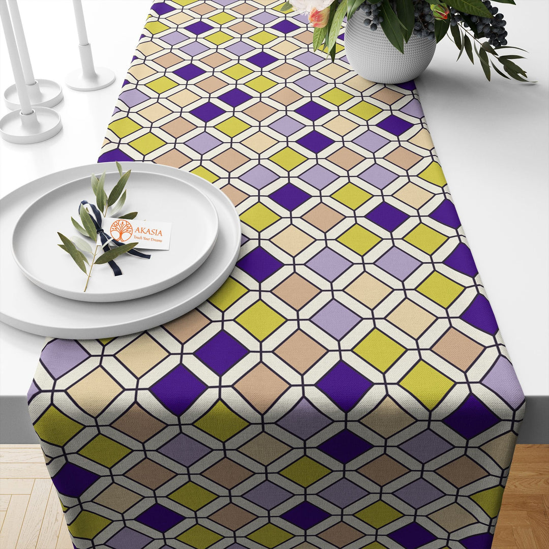 Geometric Table Runner|Square Pattern Table Top|Decorative Tabletop|Boho Home Decor|Farmhouse Kitchen Decor Gift|Modern Style Table Runner