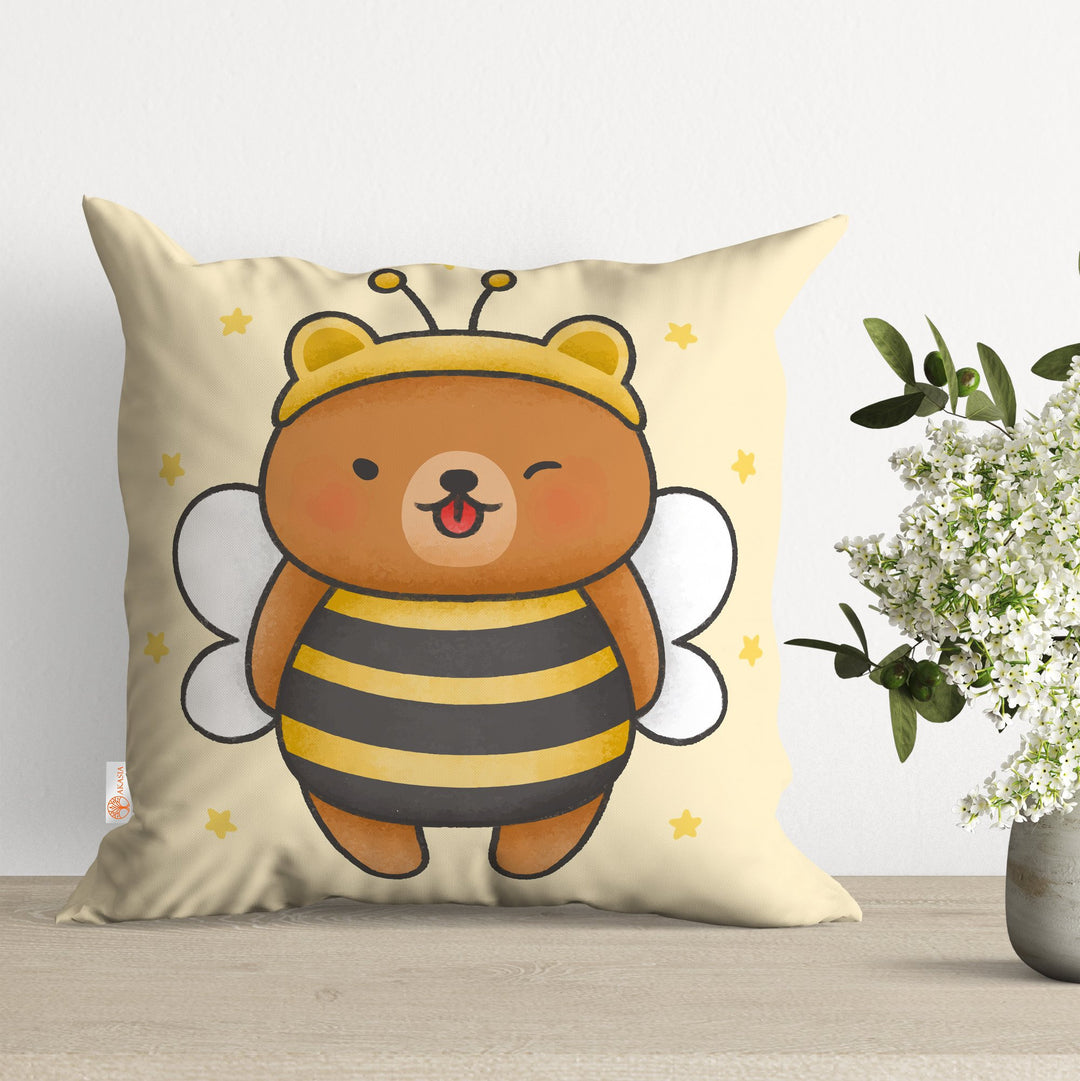 Honey Pillow Cover|Bee Cushion Case|Bear and Honey Pillowcase|Decorative Pillowtop|Boho Bedding Decor|Outdoor Cushion Case|Kids Throw Pillow