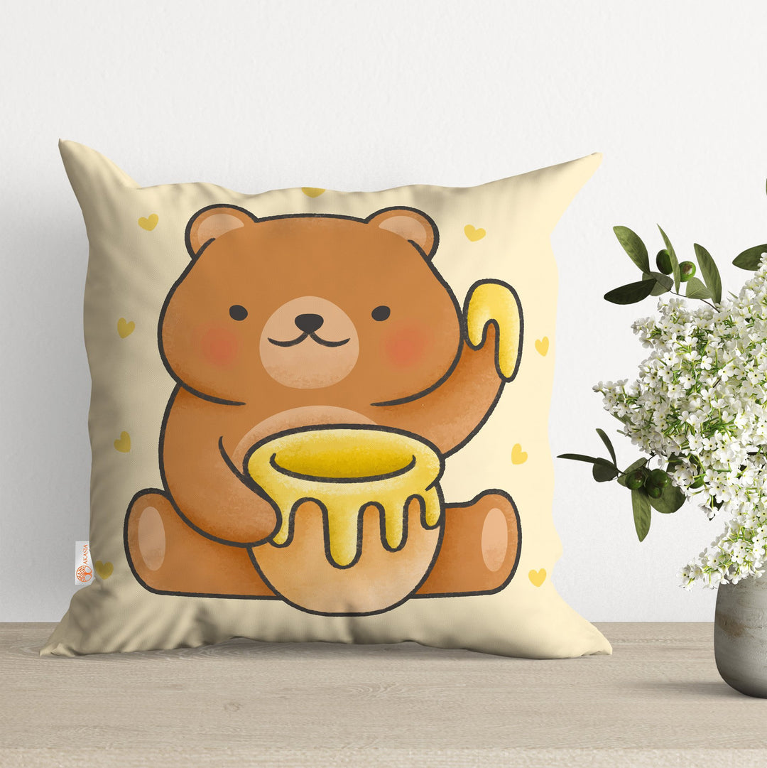 Honey Pillow Cover|Bee Cushion Case|Bear and Honey Pillowcase|Decorative Pillowtop|Boho Bedding Decor|Outdoor Cushion Case|Kids Throw Pillow