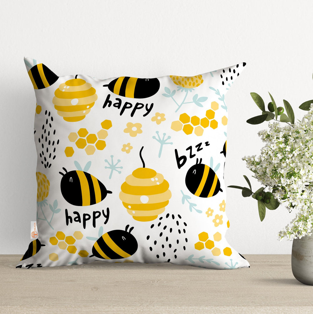 Bee Pillow Cover|Happy Bee Cushion Case|Honeycomb Pillowcase|Decorative Pillowtop|Kids Bedding Decor|Outdoor Cushion Case|Sofa Throw Pillow