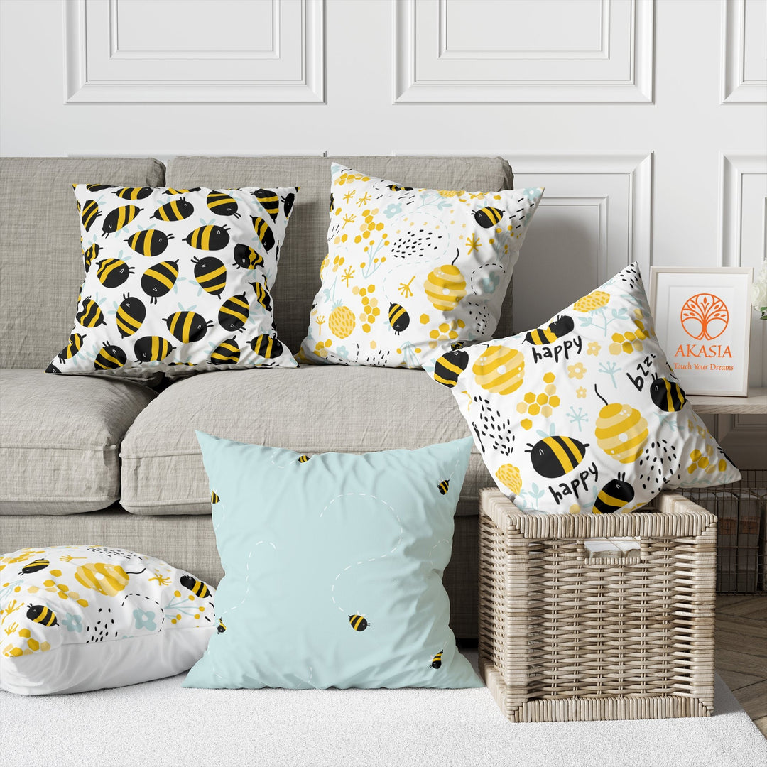 Bee Pillow Cover|Happy Bee Cushion Case|Honeycomb Pillowcase|Decorative Pillowtop|Kids Bedding Decor|Outdoor Cushion Case|Sofa Throw Pillow