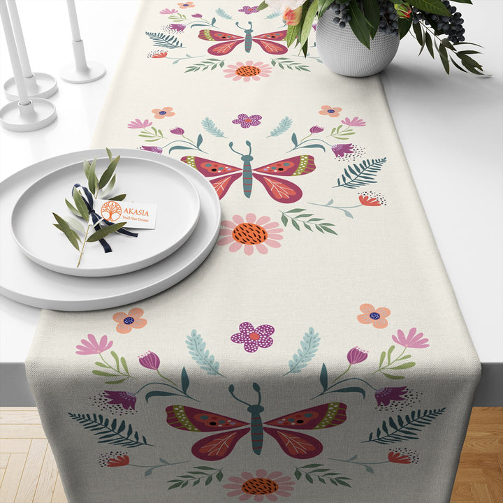 Floral Table Runner|Floral Butterfly Table Decor|Summer Tablecloth|Farmhouse Style Flower Print Tabletop|Stylish Tablecloth|Realtor Gift