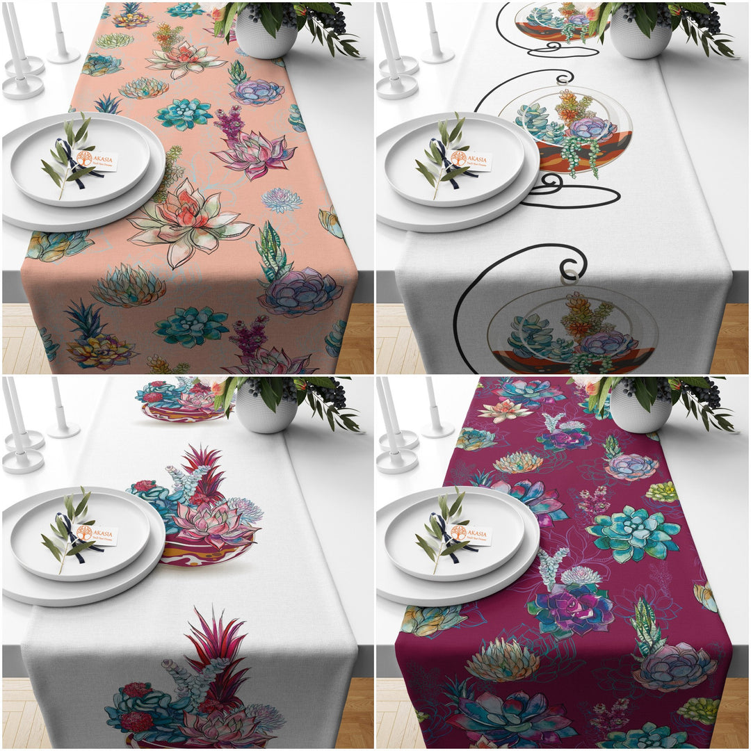 Cactus Table Runner|Farmhouse Colorful Succulent Tablecloth|Plant Print Tabletop|Floral Cactus Kitchen Decor|Housewarming Rectangle Runner