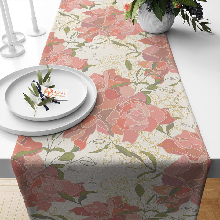 Floral Table Runner|Summer Trend Table Top|Striped Floral Home Decor|Pale Color Flowers, Leaves Tablecloth|Housewarming Pastel Table Runner