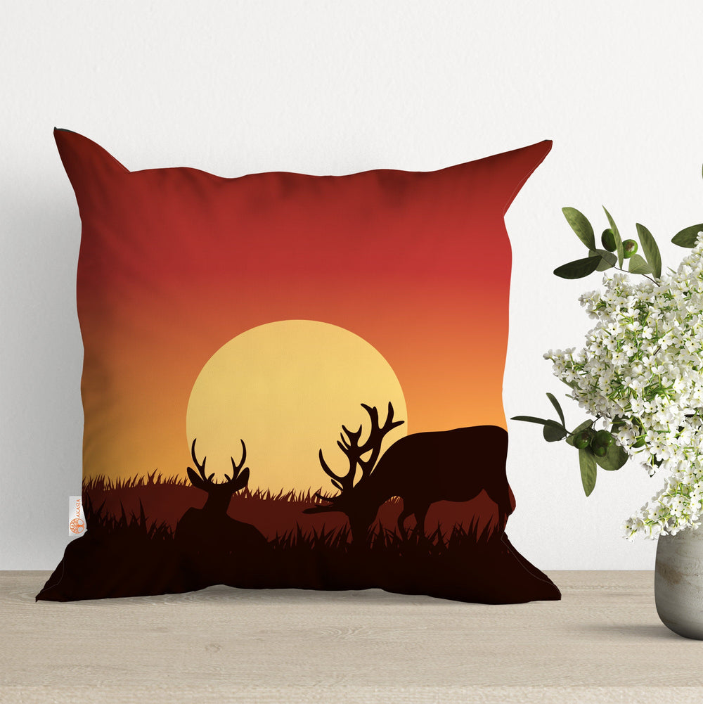 Sunset Pillow Cover|Deer Print Pillowtop|Landscape Cushion Case|Boho Bedding Decor|Modern Pillowcase|Outdoor Cushion Case|Sofa Throw Pillow