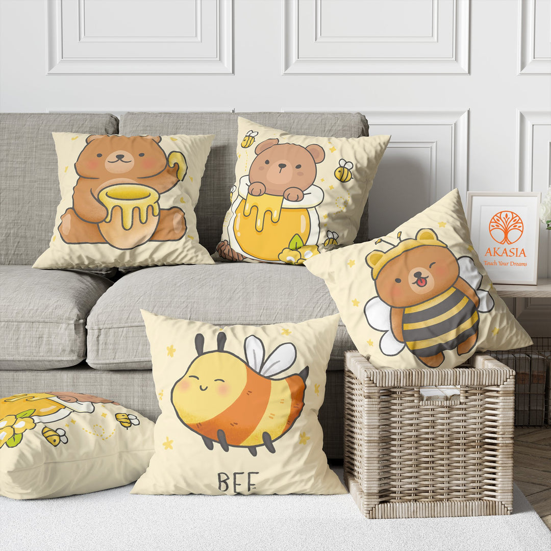 Honey Pillow Cover|Bee Cushion Case|Bear and Honey Pillowcase|Decorative Pillowtop|Boho Bedding Decor|Outdoor Cushion Case|Kids Throw Pillow