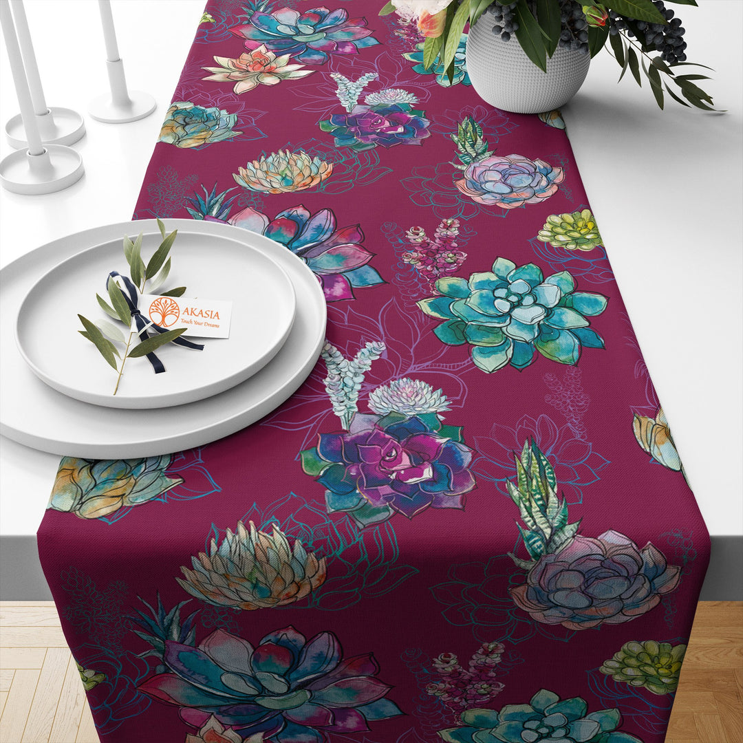 Cactus Table Runner|Farmhouse Colorful Succulent Tablecloth|Plant Print Tabletop|Floral Cactus Kitchen Decor|Housewarming Rectangle Runner