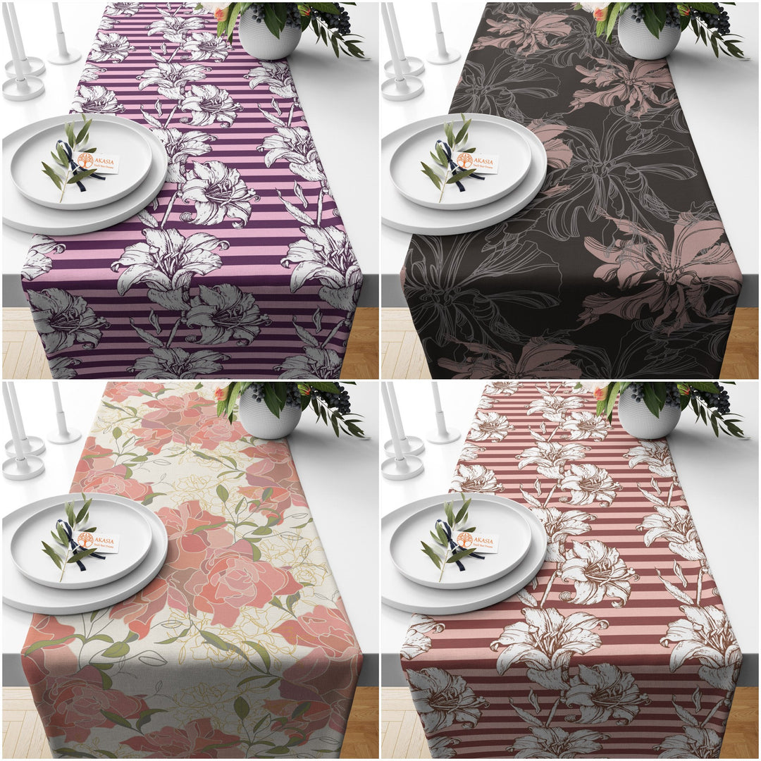 Floral Table Runner|Summer Trend Table Top|Striped Floral Home Decor|Pale Color Flowers, Leaves Tablecloth|Housewarming Pastel Table Runner