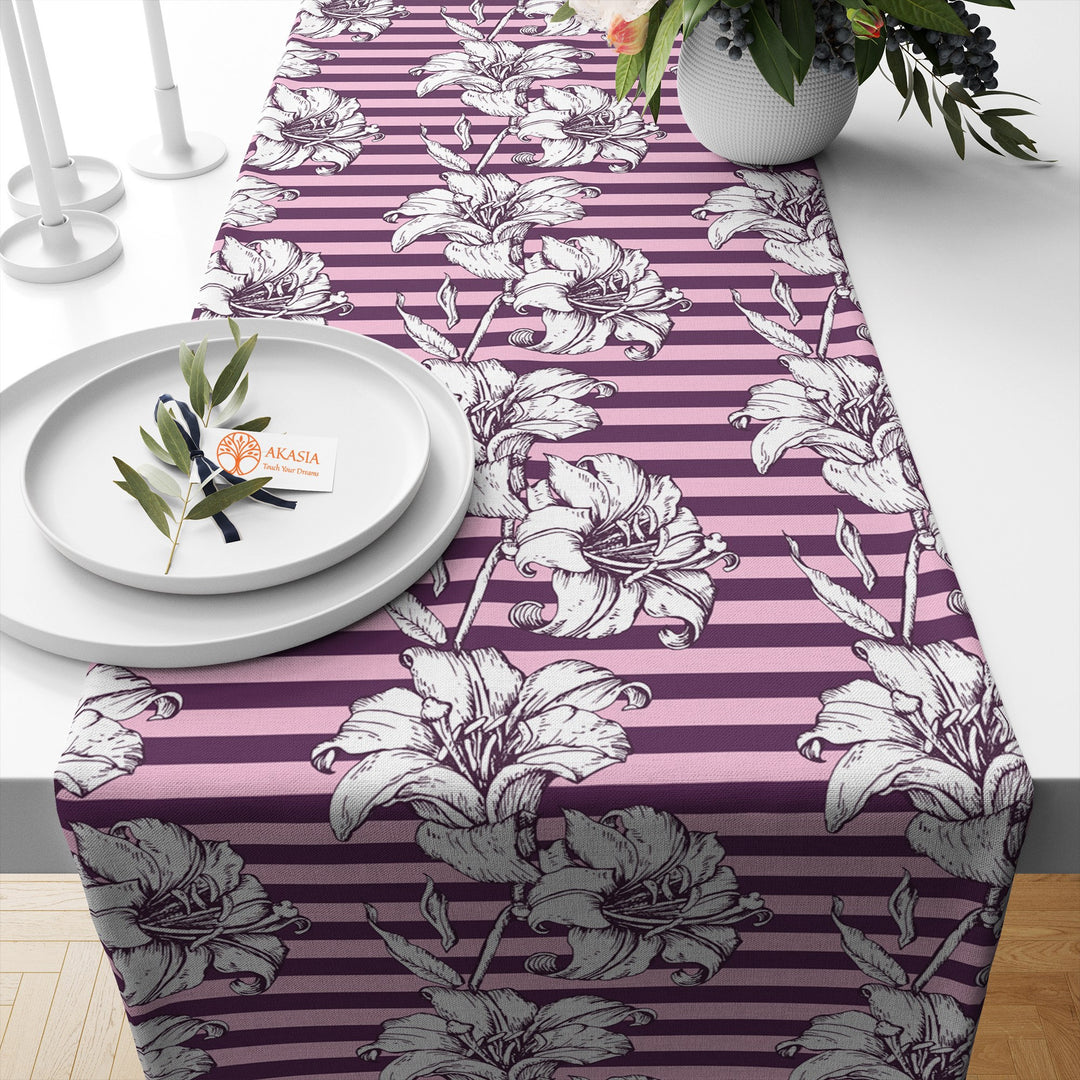 Floral Table Runner|Summer Trend Table Top|Striped Floral Home Decor|Pale Color Flowers, Leaves Tablecloth|Housewarming Pastel Table Runner