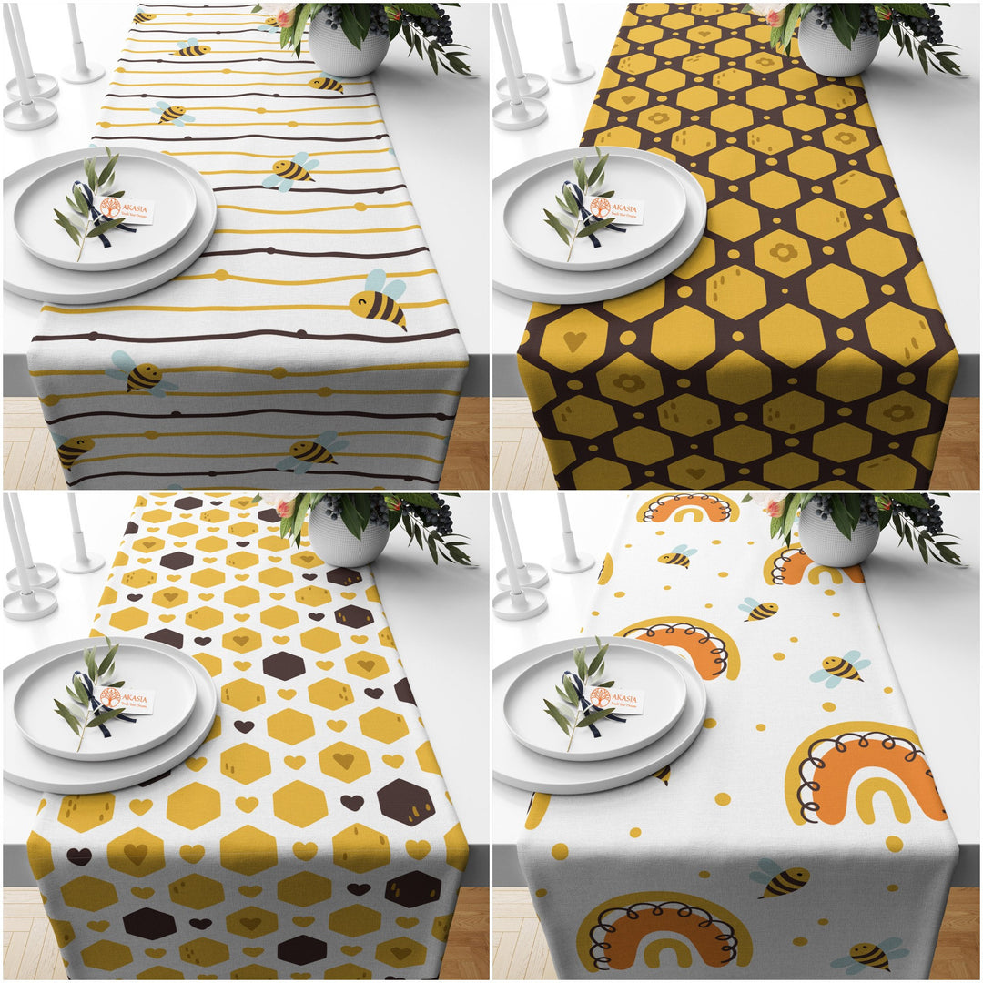 Bee Table Runner|Honeycomb Runner|Farmhouse Bee Print Tabletop|Decorative Stylish Tablecloth|Summer Table Runner|Housewarming Table Decor