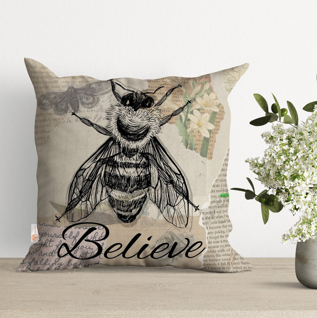 Bee Print Pillow Cover|Bee Cushion Case|Queen, Believe Pillow|Decorative Pillowtop|Boho Bedding Decor|Outdoor Cushion Case|Sofa Throw Pillow