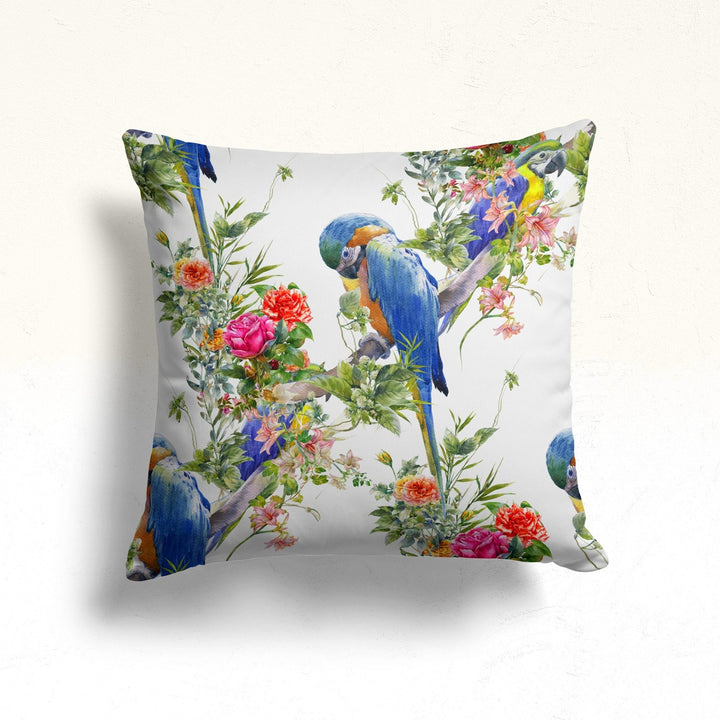 Floral Bird Throw Pillow Case|Parrot Cushion Cover|Decorative Cushion Case|Housewarming Decor|Farmhouse Outdoor Pillow Cover|Porch Cushion