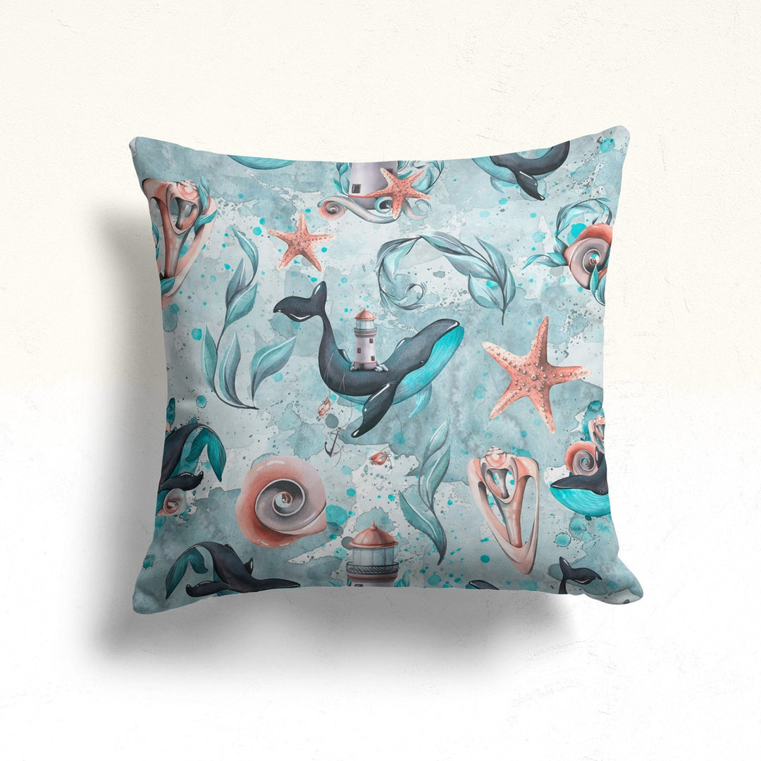 Beach House Throw Pillow Case|Starfish Print Nautical Cushion|Whale Pillowcase|Marine Pillowtop|Summer Cushion|Coastal Cozy Pillow Cover