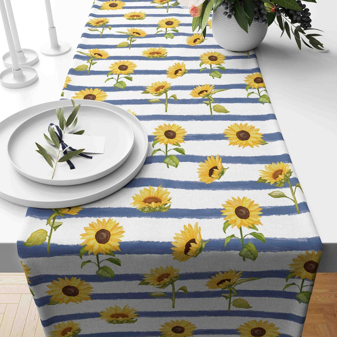 Sunflower Table Runner|Summer Tablecloth|Striped Sunflower Decor|Housewarming Runner|Farmhouse Floral Print Tabletop|Sunflower Tablecloth