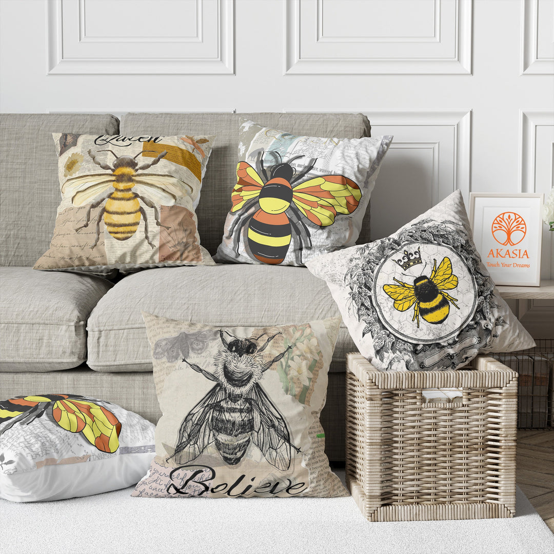 Bee Print Pillow Cover|Bee Cushion Case|Queen, Believe Pillow|Decorative Pillowtop|Boho Bedding Decor|Outdoor Cushion Case|Sofa Throw Pillow