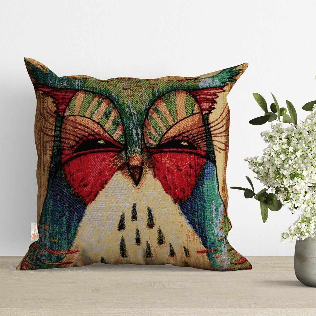 Belgian Tapestry Pillow Cover|Decorative Cushion Case|Housewarming Throw Pillow Top|Handmade Outdoor Pillowcase|Owl and Pigeon Pillow Case