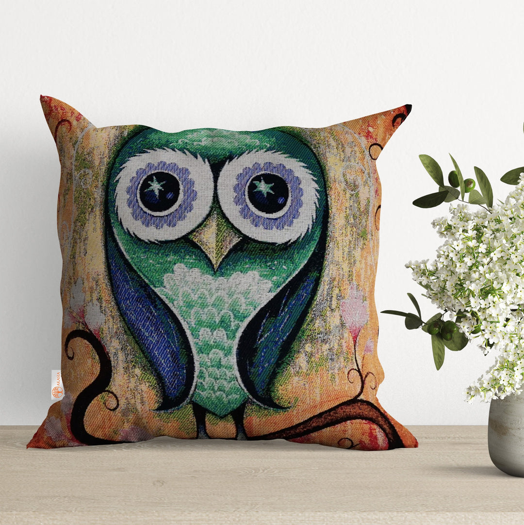 Belgian Tapestry Pillow Cover|Decorative Cushion Case|Housewarming Throw Pillow Top|Handmade Outdoor Pillowcase|Owl and Pigeon Pillow Case