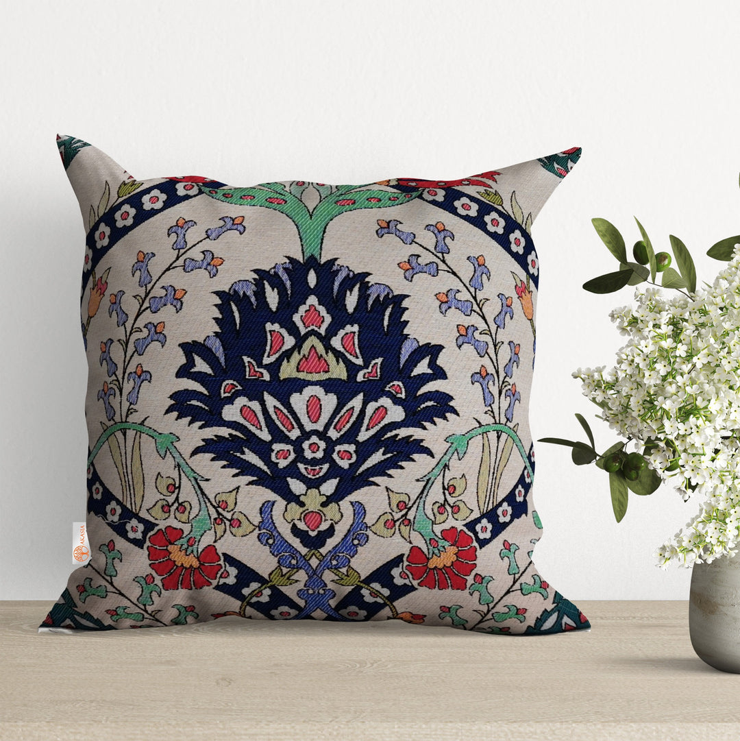 Turkish Tulip Tile Pattern Pillow Cover|Gobelin Tapestry Pillowcase|Woven Ethnic Throw Pillow Top|Handmade Authentic Porch Cushion Case Gift