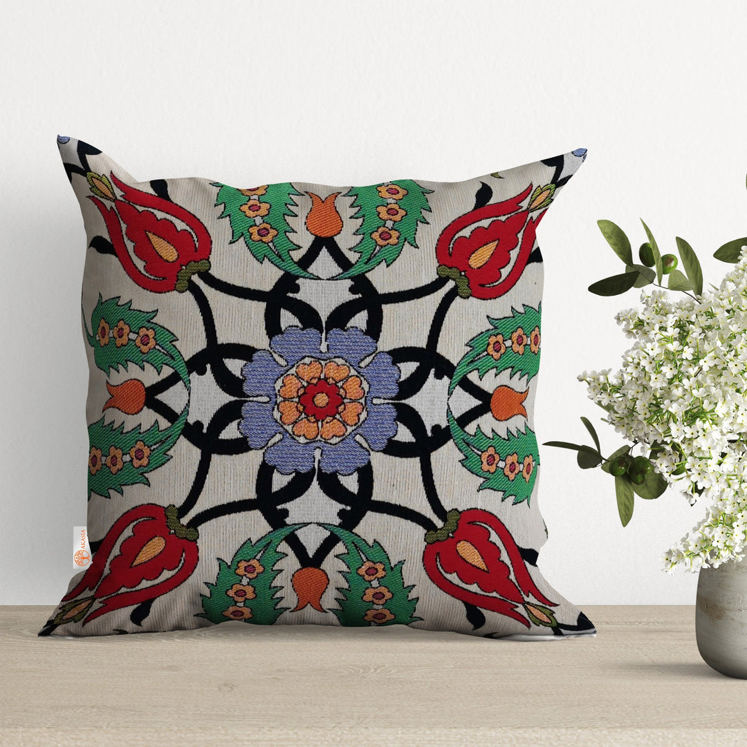 Turkish Tulip Tile Pattern Pillow Top|Gobelin Tapestry Pillowcase|Woven Ethnic Throw Pillow Cover|Handmade Rug Design Outdoor Cushion Case