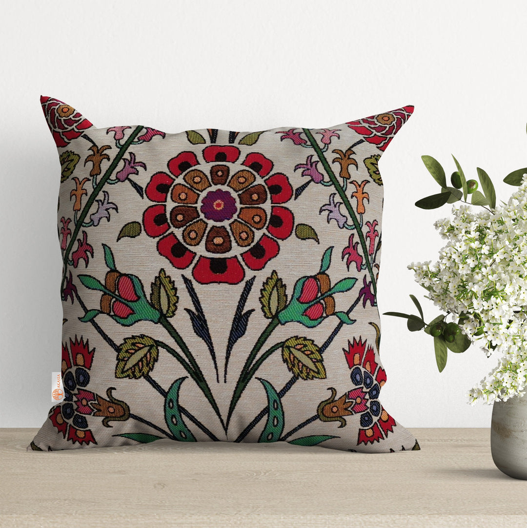 Turkish Tulip Tile Pattern Pillowcase|Gobelin Tapestry Pillowcase|Woven Ethnic Throw Pillow Cover|Handmade and Authentic Porch Cushion Case