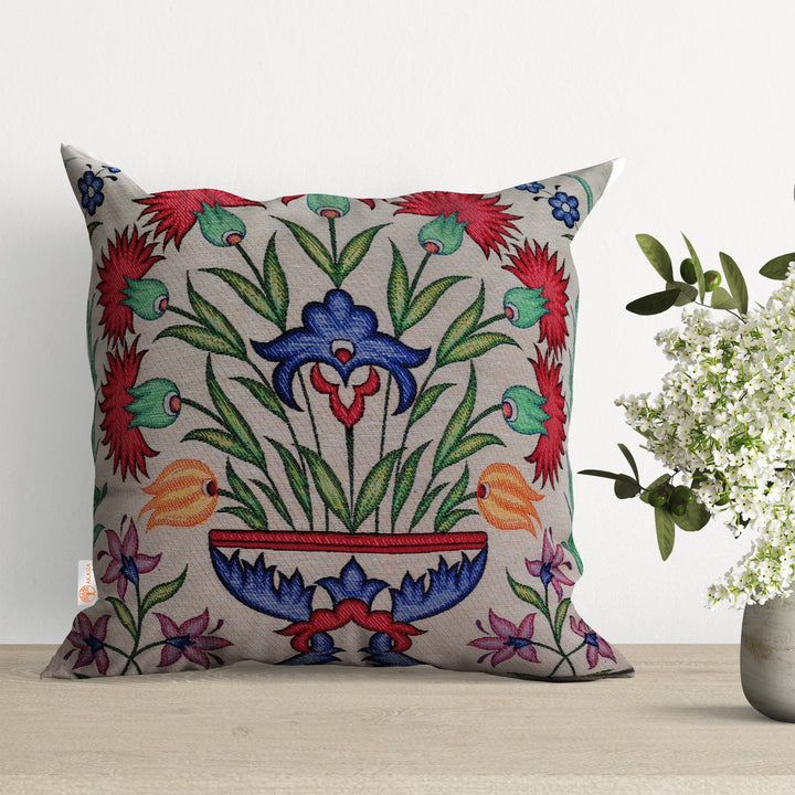 Turkish Tulip Tile Pattern Pillowcase|Gobelin Tapestry Pillowcase|Woven Ethnic Throw Pillow Cover|Handmade and Authentic Porch Cushion Case