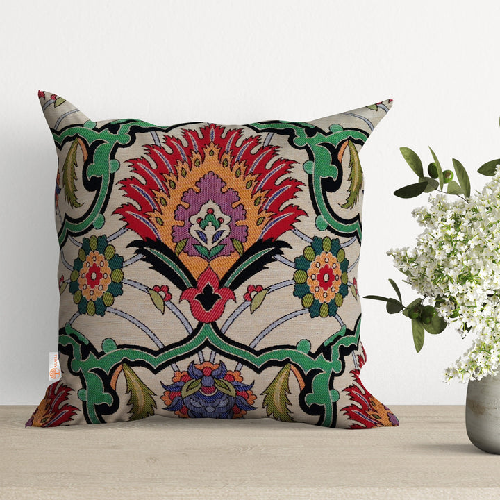 Turkish Tulip Tile Pattern Pillowcase|Gobelin Tapestry Pillowcase|Woven Ethnic Throw Pillow Cover|Handmade and Authentic Porch Cushion Case