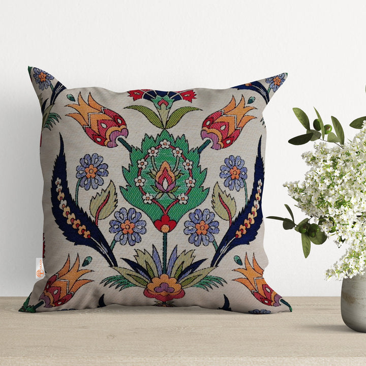 Turkish Tulip Tile Pattern Pillow Cover|Gobelin Tapestry Pillowcase|Woven Ethnic Throw Pillow Top|Handmade Authentic Outdoor Cushion Case