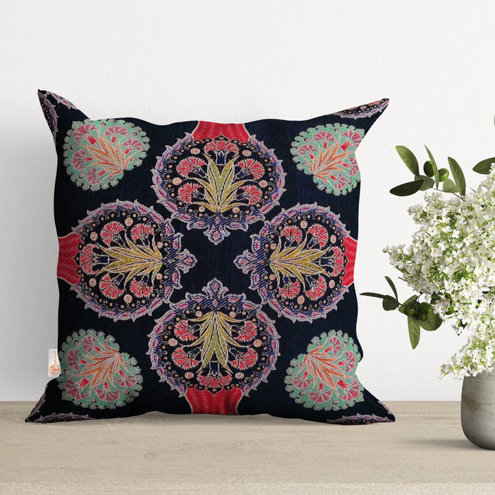 Turkish Tulip Tile Pattern Pillow Top|Gobelin Tapestry Pillowcase|Woven Ethnic Throw Pillow Cover|Handmade Authentic Outdoor Cushion Case