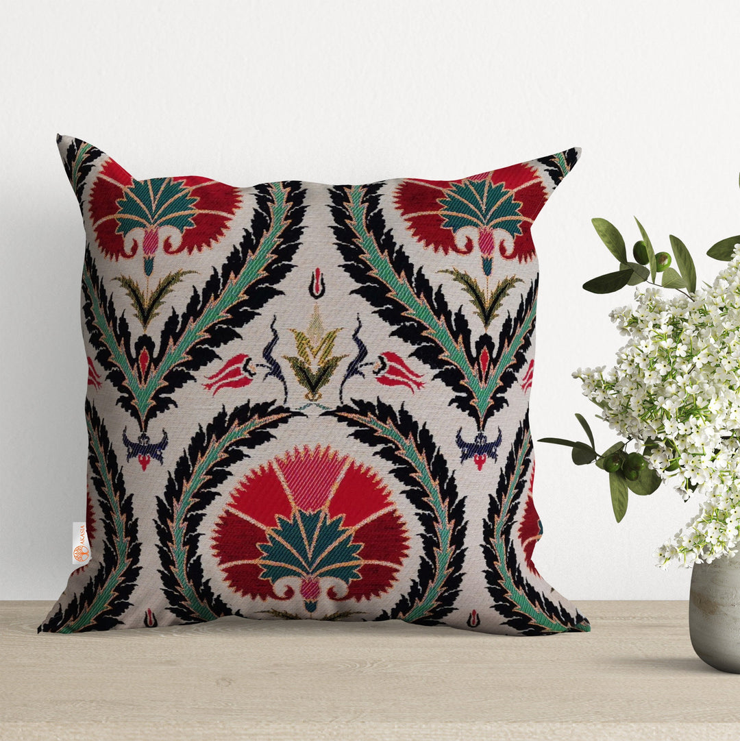 Turkish Tulip Tile Pattern Cushion Case|Gobelin Tapestry Pillowcase|Woven Ethnic Throw Pillow Top|Rug Design Authentic Outdoor Cushion Cover